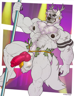 abs abstract_background animal_genitalia animal_penis anthro antlers areola armpit_hair balls barazoku beard bent_leg biceps big_balls big_knot big_muscles big_penis body_hair canine_genitalia canine_penis chest_hair claws clothed clothing clothing_aside deltoids ear_piercing ear_ring erection eyebrows facial_hair fur genitals hair hairy happy_trail horn huge_balls huge_knot huge_muscles huge_penis knot looking_at_viewer male manly money muscular muscular_anthro muscular_male navel nipples obliques pecs penis penis_poking_out penis_through_leghole piercing pole pubes quads ring_piercing serratus simple_background smile solo standing stripper_pole tattoo teeth thick_penis thick_thighs thong thong_aside thong_only topless topless_anthro topless_male tuft underwear underwear_aside underwear_only kihu canid canine mammal 2024 hi_res