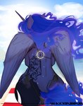 anthro beach bikini clothing female horn solo string_bikini swimwear tattoo two-piece_swimsuit wings waxxfurfur friendship_is_magic hasbro my_little_pony mythology princess_luna_(mlp) equid equine horse mammal mythological_creature mythological_equine pony winged_unicorn hi_res