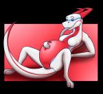 2018 alpha_channel anthro belly big_belly breasts devv digital_media_(artwork) digitigrade dragon featureless_breasts female genitals hand_on_belly hi_res horn inflation lauryl lying mythological_creature mythological_scalie mythology navel non-mammal_breasts nude on_back pussy red_belly scalie simple_background smile solo tail white_body white_skin