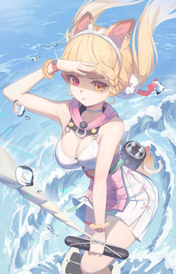 accessory animal_ears bare_legs bare_shoulders big_breasts blonde_hair bracelet breasts clothing dark_face female hair hair_accessory happy heterochromia holding_object jewelry long_hair pigtails red_eyes sea swim_dress swimwear tail water yellow_eyes manpo mihoyo zenless_zone_zero alice_thymefield animal_humanoid humanoid lagomorph lagomorph_humanoid leporid_humanoid mammal mammal_humanoid rabbit_humanoid absurd_res hi_res
