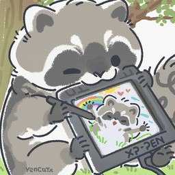 black_eyes black_nose chibi creating_art dot_eyes drawing_(action) drawing_in_a_drawing feral grey_body heart_symbol one_eye_closed plant rainbow simple_eyes sitting solo tree white_body yencatx mammal procyonid raccoon 1:1 2022