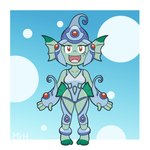 breasts clothed clothing cute_fangs fangs female green_body green_skin headgear red_eyes small_fangs smile solo teeth el_senor_erizo bandai_namco digimon amphibian animal_humanoid digimon_(species) fish fish_humanoid humanoid marine marine_humanoid ranamon hi_res