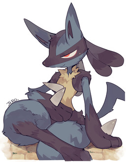ambiguous_gender anthro blue_body blue_fur fur grey_body grey_fur half-closed_eyes multicolored_body narrowed_eyes paws red_eyes sitting smile solo spikes spikes_(anatomy) tail yellow_body yellow_fur batten12 nintendo pokemon generation_4_pokemon lucario pokemon_(species) 2026 hi_res signature