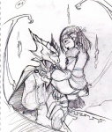 anthro blush carrying_another duo eye_contact female looking_at_another male membrane_(anatomy) membranous_wings wings ben-ben mythology dragon human mammal mythological_creature mythological_scalie scalie hi_res monochrome sketch