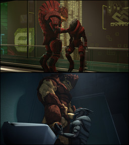 4_balls armor balls bathroom blue_eyes duo fellatio genitals hand_on_chin hand_on_head hand_on_knee hand_on_leg holding_own_penis holding_penis interspecies kneeling male male/male multi_balls multi_genitalia muscular muscular_male nude oral penile penis sex sitting_on_railing size_difference standing standing_sex xenophilia cheap-wazoo bioware electronic_arts mass_effect alien krogan turian 3d_(artwork) absurd_res digital_media_(artwork) hi_res multiple_images source_filmmaker_(artwork)
