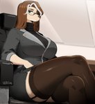 absolute_territory anthro big_breasts black_clothing bottomwear breasts brown_hair businesswear chair clothed clothing crossed_legs eyewear female fully_clothed furniture garter_straps glasses green_eyes hair legwear mature_female on_chair sitting sitting_on_chair skirt solo suit sweater thigh_highs topwear turtleneck 00niine elysia_(00niine) canid canine canis domestic_dog mammal hi_res