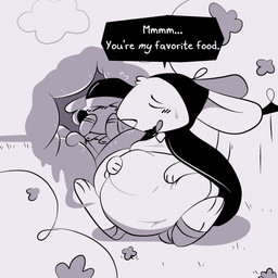 ambiguous_gender anthro cloak clothing cloud cutaway dialogue duo female flirting grass headgear headwear internal legwear oral_vore outside overalls plant prey_imprint shrub simple_background simple_eyes simple_face simple_hands simple_mouth size_difference sky soft_vore speech_bubble text tree vore pawplants chicory_a_colorful_tale chicory_(chicory) pizza_(chicory) beagle canid canine canis domestic_dog hare hunting_dog lagomorph leporid mammal scent_hound 1:1 absurd_res english_text hi_res monochrome