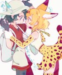 breasts clothed clothing duo eye_contact female hat headgear headwear looking_at_another text takoya_de kemono_friends kaban-chan serval-chan animal_humanoid felid felid_humanoid feline feline_humanoid humanoid mammal mammal_humanoid serval_humanoid hi_res japanese_text