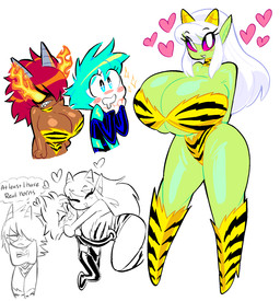 angry big_breasts blue_eyes blue_hair bodily_fluids bottomwear breasts brown_body brown_skin choker cleavage clothed clothing cosplay curvy_figure female fingers fire fire_eyes green_body green_skin group hair heart_symbol horn hug huge_breasts humanoid_pointy_ears jewelry legwear long_hair necklace not_furry pointy_ears purple_hair purple_sclera saliva sharp_teeth simple_background skimpy standing teeth text thick_thighs thought_bubble topwear trio voluptuous white_background white_body white_hair white_skin wide_hips theguywhodrawsalot urusei_yatsura penny_(theguywhodrawsalot) sara_(theguywhodrawsalot) valerie_(theguywhodrawsalot) alien alien_humanoid horned_humanoid human humanoid mammal english_text hi_res