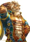 abs anthro asian_clothing blue_eyes chinese_clothing clothed clothing countershade_face countershade_fur countershading east_asian_clothing fur inner_ear_fluff male muscular muscular_anthro muscular_male pecs simple_background solo tuft white_background sky_gomi nekojishi studio_klondike lin_hu felid mammal pantherine tiger