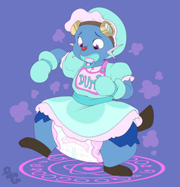 3_toes ambiguous_gender anthro bib big_diaper black_tail blue_background blue_body blue_clothing blue_dress blue_handwear blue_headwear blue_pacifier blush blush_lines bondage_gear bondage_gloves bonnet clean_diaper clothed clothing cloud_emanata diaper dress emanata eyewear eyewear_on_head feet goggles goggles_on_head grey_whiskers handwear headgear headwear heart_symbol huge_diaper humiliation leg_markings logo looking_down magic magic_circle markings object_in_mouth on_one_leg pacifier pacifier_in_mouth simple_background socks_(marking) solo standing tail text toes wearing_diaper wetness_indicator whiskers bubblepuppers innocentenough nintendo pokemon aqua_(innocentenough) dewott generation_5_pokemon pokemon_(species) artist_logo english_text hi_res