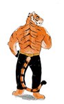 anthro back_muscles belt clothing fangs furgonomics gloves handwear male markings muscular muscular_anthro muscular_male pink_nose shirtless_male solo standing striped_markings stripes tail teeth nukeyfox epic_games fortnite oscar_(fortnite) felid mammal pantherine tiger 2024 hi_res