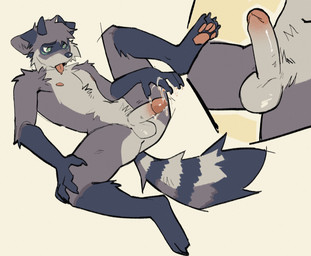 2_horns after_masturbation anthro balls big_penis bodily_fluids cum cum_on_hand cum_string curved_horn cutaway erection fluffy fluffy_tail genital_fluids genitals green_eyes horn humanoid_genitalia humanoid_penis lying male male_anthro markings nude_anthro nude_male on_back pawpads penis simple_background solo striped_markings striped_tail stripes tail tail_markings white_background hemuchang mammal procyonid raccoon hi_res
