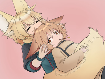 anthro big_tail blonde_hair brown_body brown_fur brown_hair calm cheek_grab duo ears_down ears_up eye_contact eyelashes eyes_closed eyewear female food fur fur_grab furry_tail glistening glistening_eyes glistening_hair hair hair_grab happy hug inner_ear_fluff looking_at_another male pivoted_ears pocky_in_mouth pouting short_hair sniffing tail tail_grab tail_hug touching_hair tuft yellow_body yellow_fur ikino_darkino pocky blazer(ikino_character) canid canine fennec_fox fox human mammal true_fox 4:3 hi_res