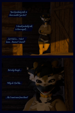 anthro arm_warmers armwear blue_body blue_fur bottomwear clothing collar dialogue female fur hoodie leg_warmers legwear light shorts sunlight talking_to_self text topwear white_body white_fur flauntingfornication kobold scalie 2:3 3d_(artwork) absurd_res comic digital_media_(artwork) english_text hi_res