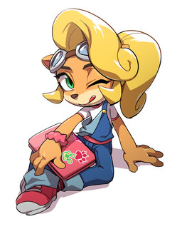 4_fingers anthro blonde_hair clothing computer electronics eyewear eyewear_on_head female fingers footwear goggles goggles_on_head green_eyes hair laptop long_hair one_eye_closed simple_background sitting solo tongue tongue_out wink sunoko24 activision crash_bandicoot_(series) coco_bandicoot bandicoot mammal marsupial