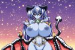 big_breasts black_sclera blue_body blue_hair blue_skin breast_squish breasts curvy_figure ear_piercing female hair heart_symbol horn huge_breasts humanoid_pointy_ears long_hair membrane_(anatomy) membranous_wings nipples not_furry piercing pointy_ears pose small_waist solo spade_tail squish tail wide_hips wings yellow_eyes nico_oyabin shinrabanshou astaroth demon hi_res