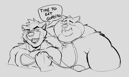 anthro athletic athletic_anthro athletic_male chubby_cheeks collar collar_tag dialogue duo fat_arms leash leashed_collar male male/male male_anthro moobs nipples overweight overweight_anthro overweight_male snout speech_bubble text weight_difference billedraccoon72 fattyraccoon72 canid canine canis mammal wolf hi_res monochrome sketch