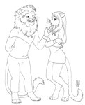 4_toes anthro barefoot breasts claws clothing digitigrade dress duo feet female fur grin hair male male/female mane mane_hair smile tail tail_tuft toes tuft whiskers kacey chakona_space star_trek m'lai_saraath caitian felid mammal 2008 greyscale monochrome