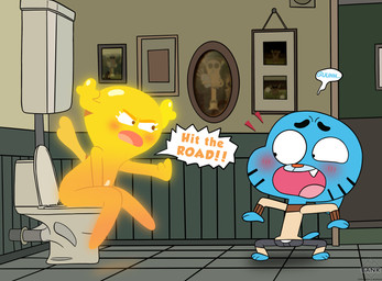 accident accidental_exposure angry anthro bathroom caught_in_the_act clothed clothed_male clothing covering covering_crotch covering_self duo embarrassed female implied_pooping implied_scat male nude nude_female pooping pooping_in_toilet toilet toilet_use walk-in yelling young thedispenser69 cartoon_network the_amazing_world_of_gumball gumball_watterson penny_fitzgerald domestic_cat fairy felid feline felis mammal absurd_res hi_res