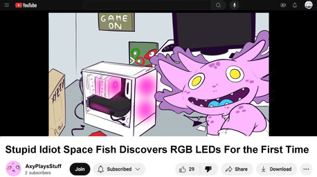 anthro clothing computer electronics female gloves handwear inside leotard looking_at_viewer rgb_lighting solo spots television text uniform haiku_oezu youtube axyla_kos_centauri darksydephil alien amphibian aquatic axolotl mole_salamander nebulian salamander english_text hi_res