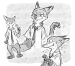 anthro bodily_fluids clothing dipstick_ears ear_markings flying_sweatdrops food fur holding_food holding_object male multicolored_ears multiple_poses necktie pawpsicle popsicle pose shirt sweat sweatdrop topwear hagyuki disney zootopia nick_wilde canid canine fox mammal red_fox true_fox monochrome