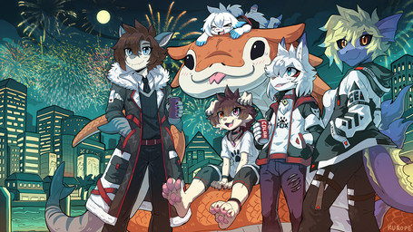 5_fingers anthro biped brown_hair clothed clothing dipstick_ears dipstick_tail ear_markings fin fingers fireworks floppy_ears forked_tongue fur group hair inner_ear_fluff kemono male markings multi_tail multicolored_ears open_mouth open_smile pawpads smile tail tail_fin tail_markings tongue tongue_out tuft white_body white_fur white_hair penguinexperience mythology aiden_(penguinexperience) ladon_(character) aquatic canid canine canis domestic_dog dragon fish fox mammal mythological_creature mythological_scalie reptile scalie shark snake 16:9 hi_res widescreen