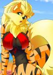 2019 absurd_res anthro anthrofied arcanine arcee_(unicorn_lord) big_breasts bikini breasts canid canine canis clothing digital_media_(artwork) domestic_dog female fur generation_1_pokemon hair hi_res long_hair looking_at_viewer mammal nintendo oldman_artist open_mouth pokemon pokemon_(species) pokemorph solo swimwear thick_thighs thong underwear wide_hips