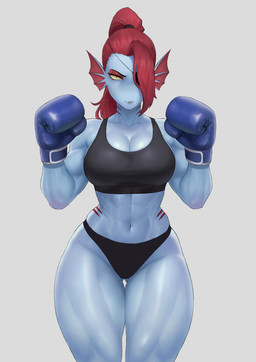 abs biceps big_breasts black_clothing black_panties black_underwear blue_body boxing_gloves bra breasts butt butt_from_the_front clothing collarbone eye_patch eyebrows eyelashes eyewear female frill_(anatomy) glistening glistening_body glistening_skin glistening_thighs hair handwear muscular muscular_arms muscular_female muscular_thighs navel panties ponytail red_hair simple_background soft_abs solo sports_bra thick_thighs thigh_gap underwear wide_hips meruzis undertale_(series) undyne animal_humanoid fish fish_humanoid humanoid marine marine_humanoid 2025 absurd_res digital_media_(artwork) hi_res