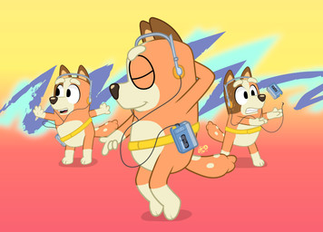1980s_theme anthro clumsy dancing electronics female headphones moonwalk_(dance) waistband dm29 bluey_(series) walkman chilli_heeler australian_cattle_dog canid canine canis cattledog domestic_dog herding_dog mammal pastoral_dog