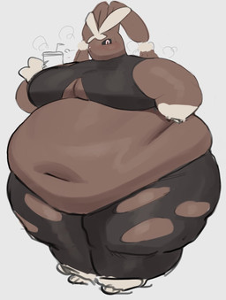 anthro belly beverage big_belly big_breasts black_sclera blus bodily_fluids breasts brown_body brown_fur clothing fat_arms female fur holding_beverage holding_object huge_belly long_ears morbidly_obese morbidly_obese_anthro morbidly_obese_female navel obese obese_anthro obese_female overweight overweight_anthro overweight_female pink_eyes simple_background solo standing sweat sweatdrop torn_clothing white_background bellylliumu nintendo pokemon generation_6_pokemon lagomorph mammal mega_evolution mega_lopunny pokemon_(species) hi_res
