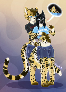 annoyed anthro clothing duct_tape duo eye_contact gag glue hair latex latex_clothing latex_skinsuit looking_at_another markings permanent sealed skinsuit tape tape_gag tight_clothing zipper davyboi felid feline mammal absurd_res hi_res