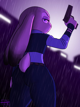 belt blue_bottomwear blue_clothing blue_pants blue_topwear blue_vest bottomwear city city_background clothing countershading female fur grey_body grey_fur gun light looking_at_viewer looking_back looking_back_at_viewer pants purple_background purple_eyes raining ranged_weapon simple_background solo tail topwear vest weapon a9ymus disney zootopia judy_hopps lagomorph leporid mammal rabbit 2024 absurd_res digital_media_(artwork) hi_res lighting shaded