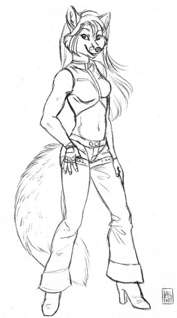 anthro bottomwear clothing crop_top female fingerless_gloves footwear gloves handwear high_heels looking_at_viewer midriff open_mouth pants shirt shoes sleeveless_shirt solo tail topwear kacey canid canine fox mammal 2007 2015 black_and_white full-length_portrait hi_res monochrome portrait signature sketch