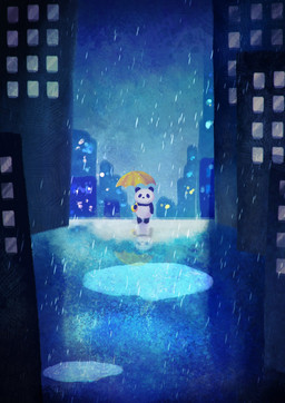anthro biped chibi city detailed_background fur multicolored_body multicolored_fur outside raining solo two_tone_body two_tone_fur umbrella araru bear giant_panda mammal 2020 hi_res