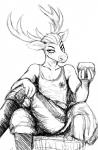 anthro antlers black_and_white chair crossed_legs deer eyelashes furniture glass hair half-closed_eyes hi_res hladilnik horn looking_at_viewer male mammal military monochrome narrowed_eyes officer_deer prussian smile solo world_war_1