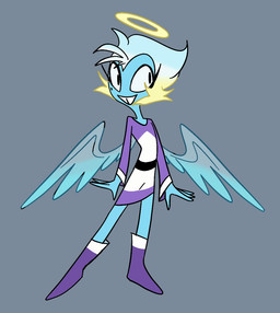 back_wings blue_body blue_hair blue_skin clothed clothing feathered_wings feathers female grey_background hair halo simple_background smile solo wings emositecc hellaverse helluva_boss millie_(helluva_boss) angel angel_humanoid humanoid colored