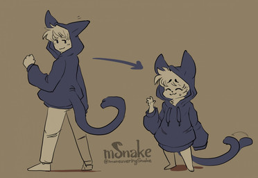 anthro blue_clothing blue_eyes blue_hoodie blue_topwear bodily_fluids cat_hoodie clothed clothed_human clothed_male clothing directional_arrow eyes_closed fake_ears fake_tail fur hair hoodie human_to_anthro male size_transformation smile solo species_transformation sweat tail tail_motion tailwag text topwear transformation mvsnake domestic_cat felid feline felis human mammal artist_name monochrome
