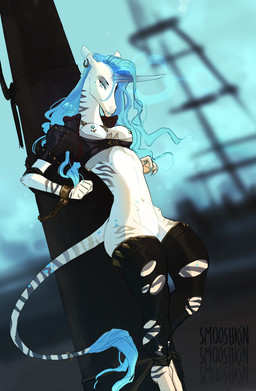 anthro bdsm blue_eyes blue_hair blurred_background bondage bound breasts chain chained clitoris clothing detailed_background female genitals hair horn nipple_piercing nipples piercing ship solo torn_clothing vehicle vulva watercraft smooshkin mythology equid equine mammal mythological_creature mythological_equine unicorn 2018 digital_media_(artwork) hi_res