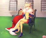 alcohol anthro beverage biped blonde_hair clothed clothing crown femboy footwear hair headgear male outside shoes sitting solo wine meowdolls prince_rigel canid canine mammal