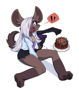 3_toes anthro barefoot bent_legs biped black_bottomwear black_clothing black_nose black_skirt blush blush_lines blushing_at_viewer bottomwear breasts brown_body brown_claws brown_fur brown_inner_ear brown_inner_ear_fluff brown_markings brown_pawpads brown_tail brown_tuft cake candy cheek_tuft chocolate claws clothed clothed_anthro clothed_female clothing countershade_torso countershading cute_fangs dessert exclamation_point eyebrows eyelashes facial_markings facial_tuft fangs feet female female_anthro finger_claws fingers food food_on_face front_view fruit fully_clothed fully_clothed_anthro fully_clothed_female fur fur_markings fur_tuft hair hair_over_eye head_markings hindpaw hip_markings inner_ear_fluff iris leg_markings long_hair looking_at_viewer markings multicolored_body multicolored_fur necktie one_eye_obstructed one_fang open_mouth pawpads paws pink_blush plant plantigrade plantigrade_pawpads plate pupils purple_eyes purple_necktie red_tongue shadow shirt simple_background sitting skirt small_breasts socks_(marking) solo strawberry tail tan_body tan_countershading tan_fur teeth three-quarter_view toes tongue topwear tuft white_background white_clothing white_eyebrows white_hair white_pupils white_sclera white_shirt white_topwear nulia jk_(el-k) hyena mammal 2025 digital_drawing_(artwork) digital_media_(artwork) full-length_portrait hi_res portrait shaded