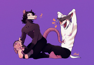 5_fingers 5_toes anthro barefoot black_body black_clothing black_hair blep blush bottomwear brown_body brown_fur brown_hair claws clothed clothing countershade_feet countershading duo eyes_closed fangs feet fingers foot_fetish foot_focus fur grabbing grey_body grey_fur hair hands_behind_head humanoid_feet laugh male male/male multicolored_body nipples open_mouth pants piercing pink_nipples pink_tongue plantigrade purple_background simple_background sitting smile soles symbol tail teeth tickle_torture tickling tickling_feet toe_claws toes tongue tongue_out topless topless_anthro topless_male two_tone_feet white_body white_fur white_hair wrinkled_feet wrinkles polipon american_opossum bat leaf-nosed_bat mammal marsupial microbat virginia_opossum yangochiropteran hi_res signature