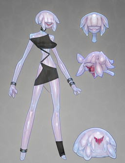 4_fingers 4_toes anklet bangs barefoot big_breasts bloodshot_eyes bracelet breasts choker clothed clothing dress feet female fingers goo-connected_lips hair hair_over_eyes jewelry leg_warmers legwear lips navel necklace nipple_tape not_furry open_mouth open_smile pasties pigtails pseudo_hair pussy_tape slim slime smile solo standing tape thick_lips toes vein derek_hetrick shmoop_(derek_hetrick) cyclops goo_creature goo_humanoid humanoid 2023 hi_res model_sheet