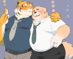 anthro blush bottomwear clothing countershading duo humanoid_hands kemono male male/male necktie overweight overweight_male pants shirt topwear inunoshippo canid canine canis domestic_dog felid mammal pantherine tiger 2022 5:4 hi_res