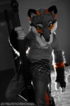 anthro bed clothing costume dancing desaturated female furniture fursuit green_eyes pole real solo eosfoxx canid canine mammal grandfathered_content