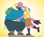 anthro beak belly big_belly black_body black_feathers blush chubby_cheeks claws clothed clothing clothing_lift duo feathers feet flustered green_body green_feathers hand_on_shoulder love_handles male male/male moobs obese obese_anthro obese_male on_one_leg overweight overweight_anthro overweight_male pink_body pink_feathers shirt shirt_lift slightly_chubby slightly_chubby_anthro slightly_chubby_male smile standing tail tail_feathers talons thick_thighs toes topwear wide_hips yellow_body yellow_feathers clion avian bird flamingo parrot true_parrot