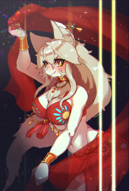 amber_eyes anthro bangle belly_dancer big_breasts biped black_background blush bra breasts cleavage clothed clothing collar dancing ear_piercing ear_ring female floral_print hair inner_ear_fluff jewelry light light_beam long_hair looking_at_viewer navel neck_tuft necklace piercing ponytail red_bra red_clothing red_underwear ring_piercing shawl simple_background smile solo sparkles tassels thick_thighs translucent translucent_clothing tuft underwear white_nose wide_hips onikuman domestic_cat felid feline felis mammal hi_res