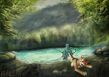 anthro beach belly bodily_fluids breasts cum cum_inside duo female fur genital_fluids genitals male male/female nude penetration penile penis sex tail tongue vaginal vulva ailan_draw aquatic cetacean dolphin felid mammal pantherine tiger toothed_whale