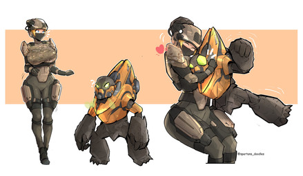 4_fingers armor balaclava big_breasts blonde_hair blue_eyes breasts camo duo female female_human fingers glowing glowing_eyes green_eyes grey_body hair heart_symbol hug larger_female larger_human light_body light_skin male male/female marines mask motion_lines question_mark simple_background size_difference smaller_male standing unsc wide_eyed wide_hips xenophilia spartandoodles halo_(series) microsoft xbox_game_studios alien human mammal scalie unggoy absurd_res colored hi_res