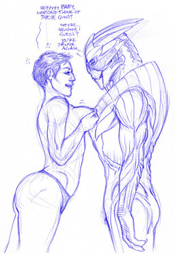 breasts butt clothed clothing dialogue drunk duo female hair holding_breast human_on_humanoid interspecies looking_at_another looking_at_partner male male/female nipples not_furry nude panties short_hair side_view simple_background substance_intoxication text topless underwear white_background xenophilia reginaprimata bioware electronic_arts mass_effect commander_shepard female_shepard garrus_vakarian alien human humanoid mammal turian english_text monochrome sketch